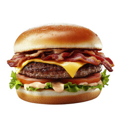 a delicious burger featuring a juicy beef patty. crispy bacon. melted cheese. fresh lettuce. and tomatoes. all sandwiched between a soft toasted bun. highlighting its appetizing appearance for food en