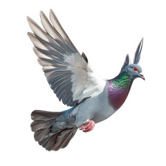 Obraz premium a pigeon in mid-flight. showcasing its vibrant plumage with a striking green and purple sheen on its neck. and wings spread wide. emphasizing its graceful movement the background is plain white. highl