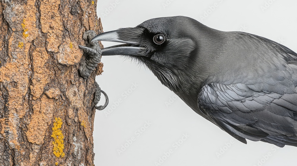 Aufkleber a close-up of a raven interacting with a tree, showcasing its beak and feathers.