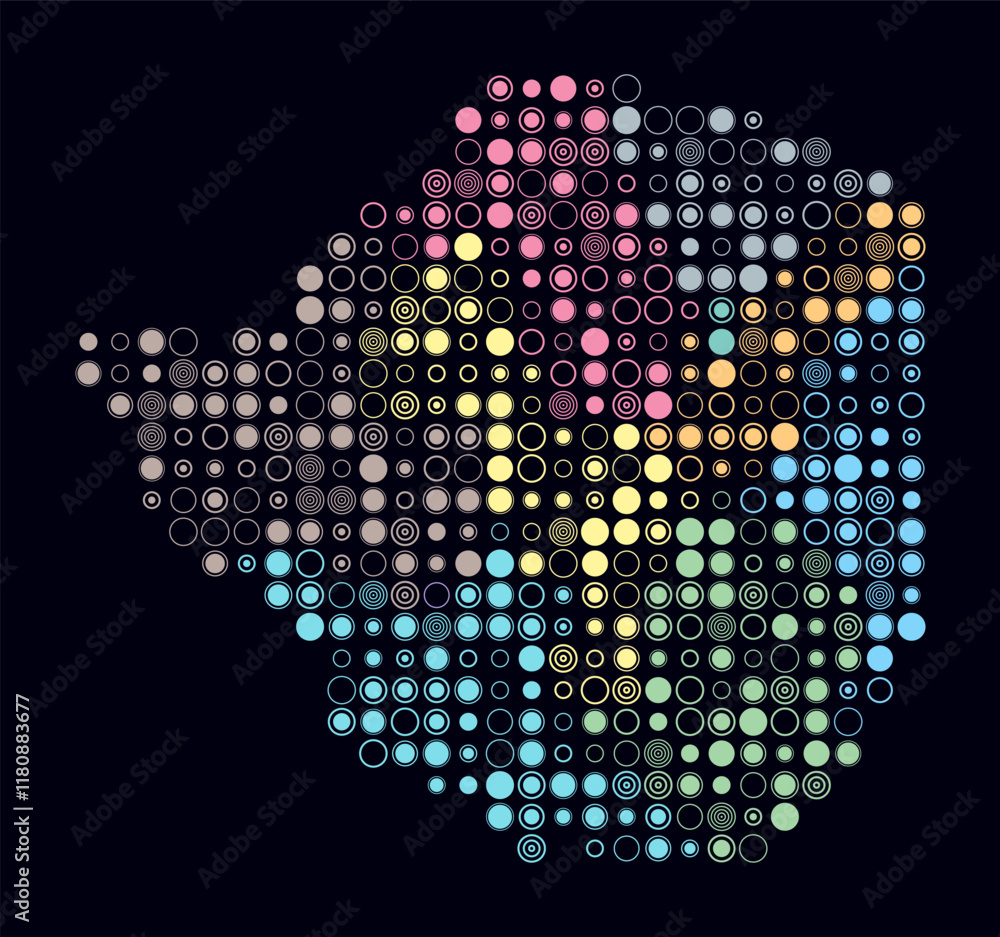 Poster zimbabwe, shape of the country built of colored cells. digital style map of zimbabwe on dark backgro
