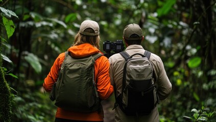 Obraz premium Exploring the Lush Rainforest: Two Adventurous Photographers Capture Nature's Beauty
