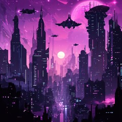 Futuristic Cityscape Underneath a Pink Sky and Moon