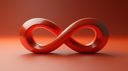 3D rendered glossy red infinity symbol on red background.