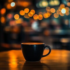 Obraz premium a cup of coffee on the table in the cafe coffee shop, in colorful blurred bokeh background, black coffee cup