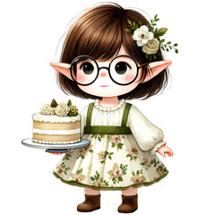 Adorable Elf with Cake - Cute Elf Art, Elf with Cake Illustration, Sweet Elf Design, Elf and Dessert, Holiday Elf Decor, Christmas Elf with Cake, Elf Cake Art, Sweet Elf Artwork, Festive Elf Cake