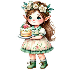 Adorable Elf with Cake - Cute Elf Art, Elf with Cake Illustration, Sweet Elf Design, Elf and Dessert, Holiday Elf Decor, Christmas Elf with Cake, Elf Cake Art, Sweet Elf Artwork, Festive Elf Cake