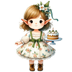 Adorable Elf with Cake - Cute Elf Art, Elf with Cake Illustration, Sweet Elf Design, Elf and Dessert, Holiday Elf Decor, Christmas Elf with Cake, Elf Cake Art, Sweet Elf Artwork, Festive Elf Cake