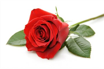 Single Red Rose on White Background with Green Leaves Perfect for Romantic Theme