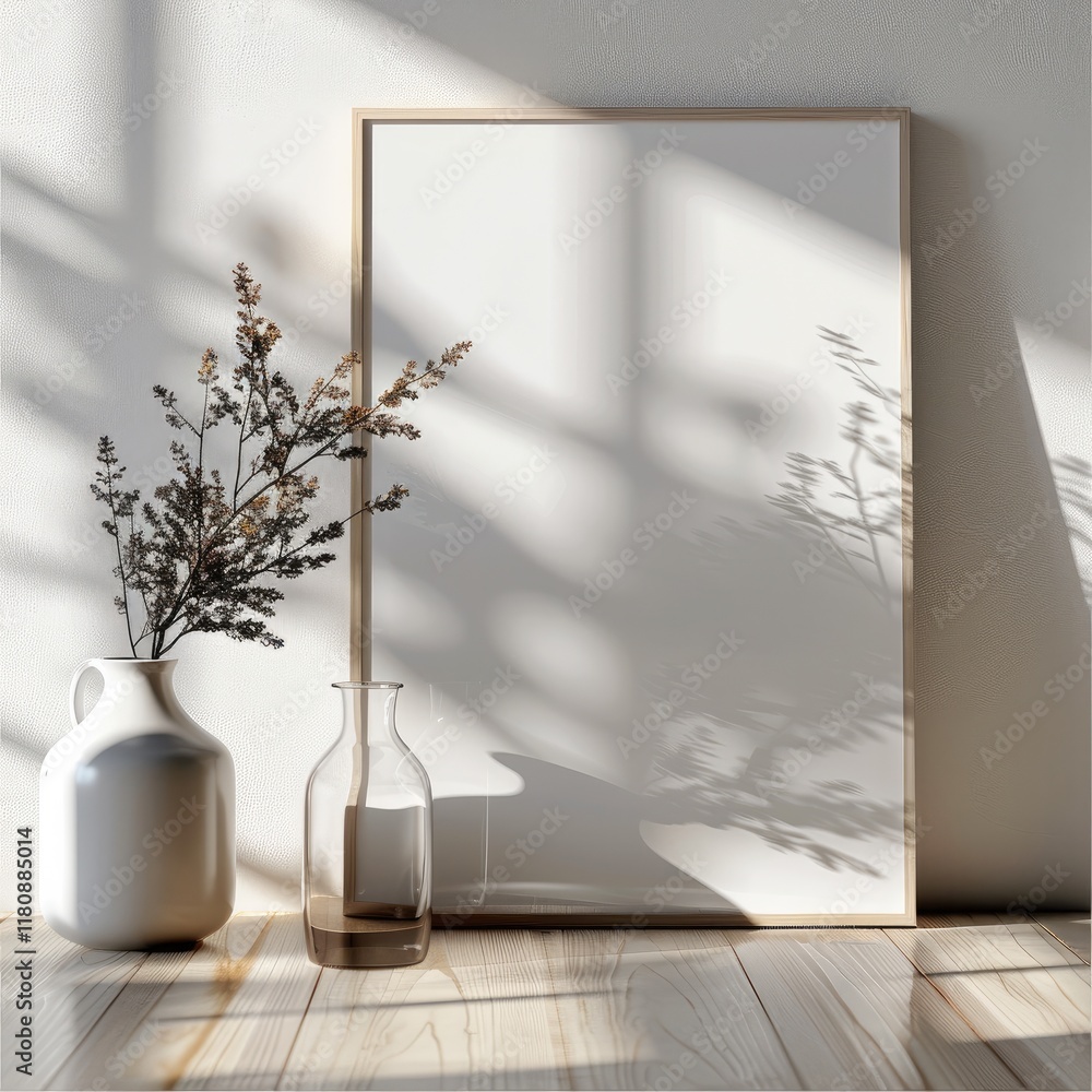Aufkleber A mockup featuring a single A4-sized vertical frame prominently displayed. The frame is positioned on a sleek, minimalist wooden surface with a clean, neutral background.