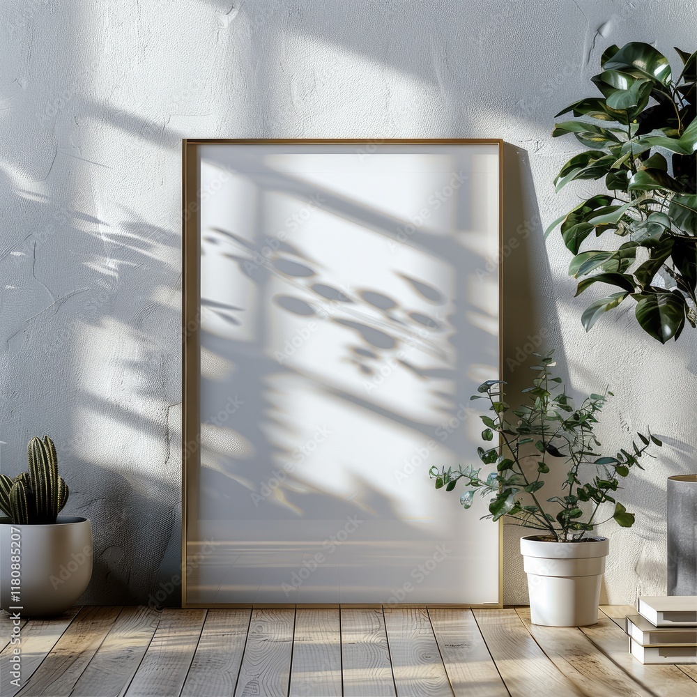 Leinwandbilder A mockup featuring a single A4-sized vertical frame prominently displayed. The frame is positioned on a sleek, minimalist wooden surface with a clean, neutral background.