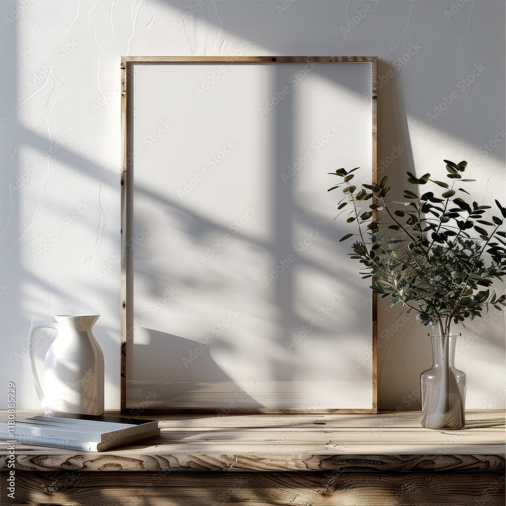 Aufkleber A mockup featuring a single A4-sized vertical frame prominently displayed. The frame is positioned on a sleek, minimalist wooden surface with a clean, neutral background.