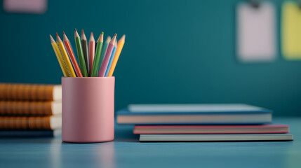 Creative study space with colorful pencils home office stationery setup relaxed environment close-up view productivity inspiration
