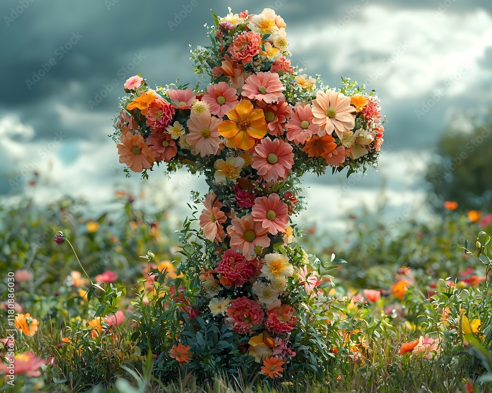 Wall mural Vibrant Floral Cross in Peaceful Springtime Meadow