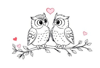 Fototapeta premium Adorable Couple of Owls on Branch Romantic Valentine s Illustration Line Art Drawing