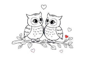 Adorable Couple of Owls on Branch Romantic Valentine s Day Coloring Page Illustration
