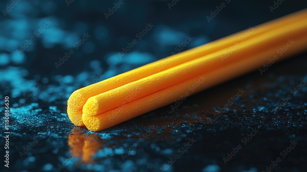 Aufkleber close-up view of vibrant yellow foam tubes on a dark blue background. the image showcases the smooth