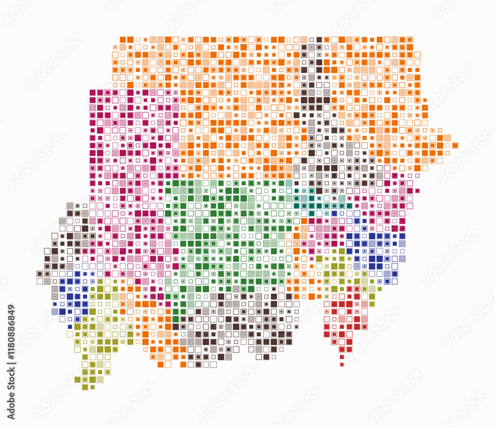 Poster sudan, shape of the country built of colored cells. digital style map of the sudan on white backgrou