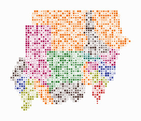 Sudan, shape of the country built of colored cells. Digital style map of the Sudan on white background. Small size square blocks. Artistic vector illustration.