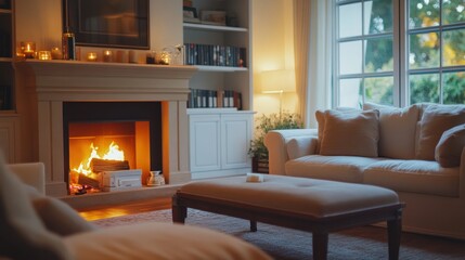 Fototapeta premium Cozy living room fireplace, autumn evening, candles, relaxation
