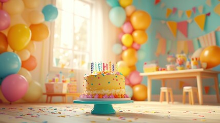Colorful birthday cake in a party room with balloons and decorations