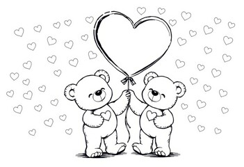 Adorable Teddy Bears Sharing a Heart Shaped Balloon Valentine s Day Illustration Romantic Couple
