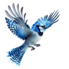 Obraz premium vibrant blue jay in flight. showcasing its striking blue and white plumage with a detailed depiction of its wings spread wide. emphasizing its grace and beauty in motion the background is plain. highl