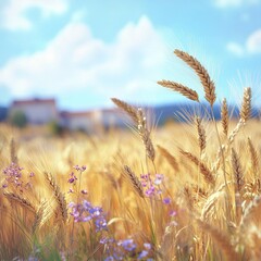Obraz premium A vibrant wheat field in the foreground with golden ears of grain swaying in the breeze, accompanied by delicate wildflowers. In the background, blurred residential buildings blue sky with clouds.