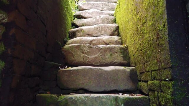 Old stone staircase closeup, stairs view of ancient moss temple, establishing