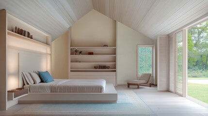 Modern bedroom design featuring minimalist decor and large windows for natural light