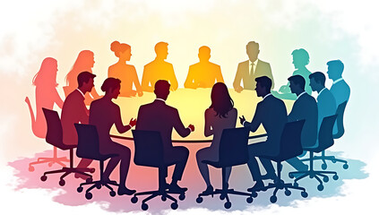 A creative depiction of workplace inclusion, featuring a round table with diverse professionals collaborating, their outlines blending into a vibrant spectrum of colors symbolizing unity and shared pu