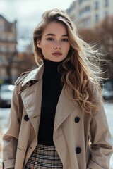 Fototapeta premium A young woman in a sunny winter day, showing her outfit wearing Black turtleneck, checkered high-waist skirt, wool trench coat.