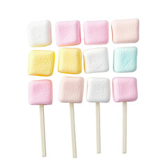 colorful arrangement of marshmallows in pastel shades. shaped like squares. with some mounted on sticks the soft textures and vibrant colors suggest a playful and sweet treat. likely intended for dess