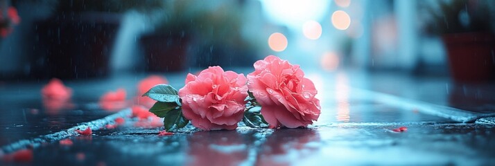 Vibrant Pink Roses on Wet Pavement with Rain and Soft Bokeh Background Effect
