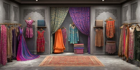 A vibrant clothing display featuring traditional garments in a stylish boutique setting.
