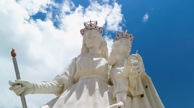 Aerial of Virgin Mary and Son Monument in Oruro, Ascent Tilt