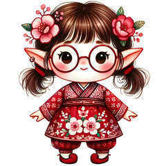 Elf in Red Floral Dress - Chinese New Year Elf, Cute Elf Art, Elf in Red Dress, Floral Elf Design, Festive Elf Illustration, Chinese New Year Decor, Red Dress Elf Artwork, Lucky Elf for New Year