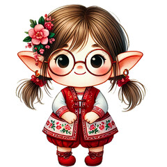 Elf in Red Floral Dress - Chinese New Year Elf, Cute Elf Art, Elf in Red Dress, Floral Elf Design, Festive Elf Illustration, Chinese New Year Decor, Red Dress Elf Artwork, Lucky Elf for New Year