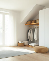 Cozy modern bedroom with natural light and minimalist decor featuring storage solutions