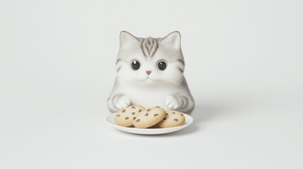 A cat is holding a plate with three cookies on it