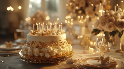 Elegant birthday cake, candles lit, banquet hall, romantic setting