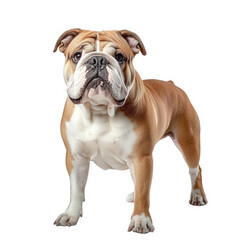 Obraz premium a proud bulldog stands confidently against a clean. white background. showcasing its muscular build and distinctive facial features dog's strong physique and playful demeanor. making it suitable for