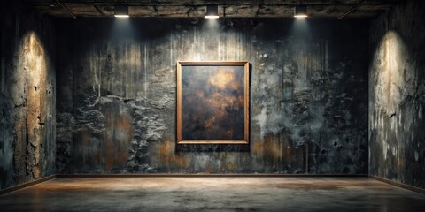 Empty Gallery Room with Dark Aged Walls and a Framed Canvas