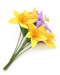 Fototapeta premium Colorful Artificial Flower Bouquet with Yellow and Purple Lilies on White Background