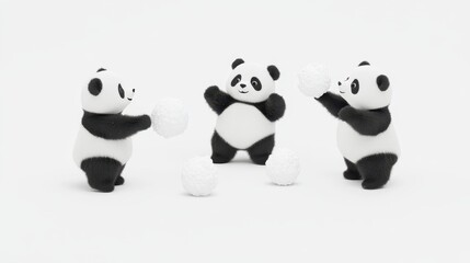 Obraz premium Three stuffed pandas are playing with a white ball