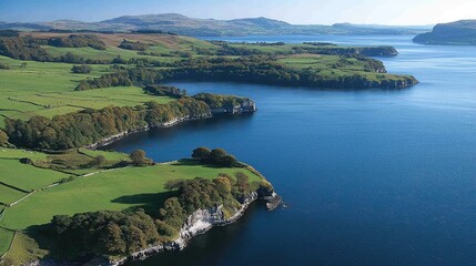 Fototapeta premium Coastal Landscape: Serene Bay, Green Hills, and Azure Waters. A breathtaking panorama of nature's beauty, perfect for travel and relaxation.