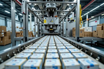 Automated Packaging System Conveyor Belt with Cartons in Modern Factory Warehouse
