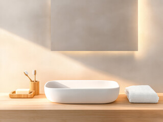 Modern bathroom design features minimalistic sink and accessories in warm tones