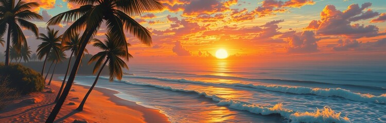 Obraz premium Tropical Beach Sunset Palm Trees Ocean Waves