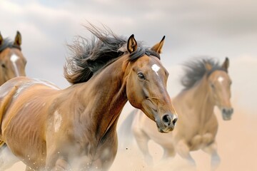 Detailed Color Image of Horses with Long Mane Portrait Run Gallop in Desert Dust