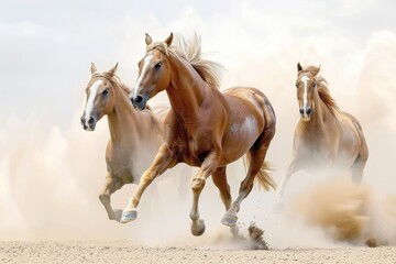 Detailed Image of Horses with Long Mane Portrait Run Gallop in Desert Dust